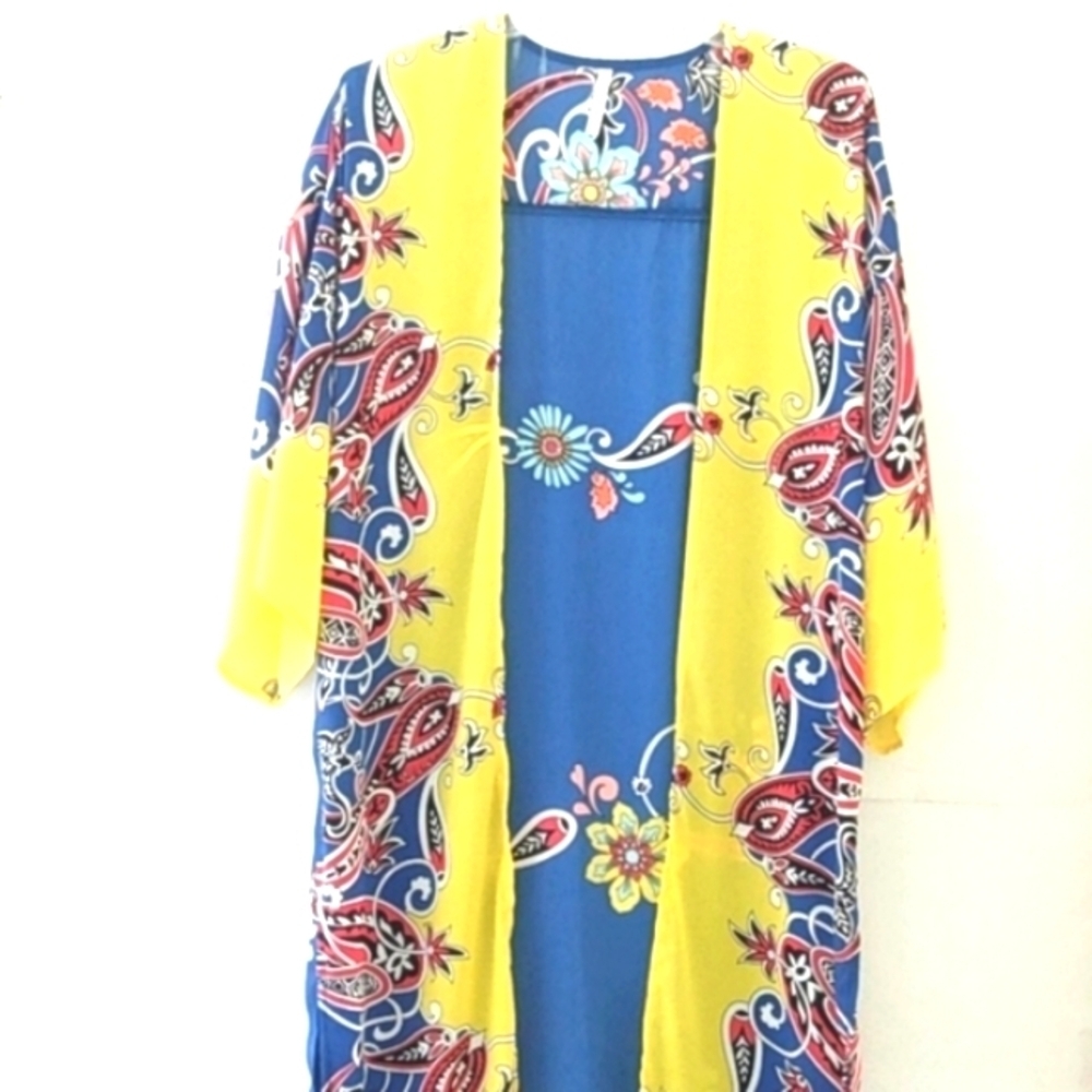 KIMONO ROBE SMOCK DUSTER SWIM COVER-UP ROYAL BLUE YELLOW RED SIZE MEDIUM NWOT